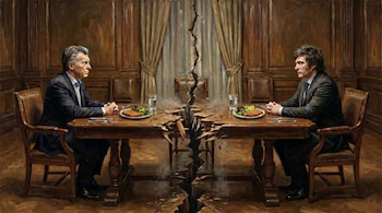 Pintura de Mauricio Macri y Alberto Fernández sentados frente a frente en una mesa de madera rota. Ambos tienen un plato con milanesa, cubiertos y un vaso de agua.