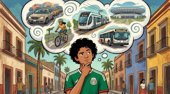 Ilustración de un hombre con camiseta de la selección mexicana pensando en opciones de transporte: coche, bicicleta, tren ligero y autobús a un estadio.
