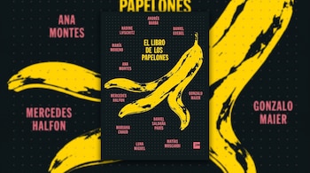 Portada del libro El libro de los papelones con la ilustración de una cáscara de banana amarilla y nombres de autores sobre fondo negro.