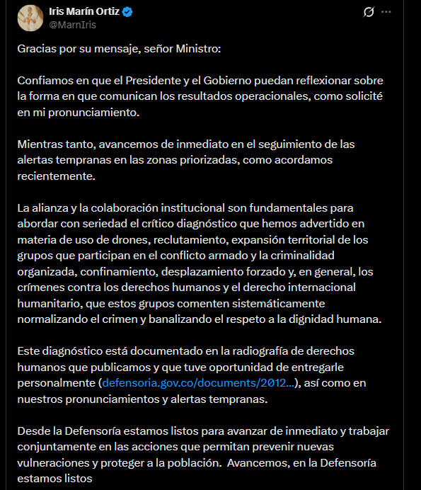 Iris Marín afirmó que espera que el presidente y el Gobierno nacional reflexionen sobre la forma en que comunican los resultados operacionales - crédito @MarnIris/X