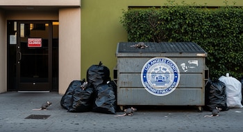 Callejón urbano con un contenedor de basura, bolsas negras apiladas y varias ratas. Una puerta con cartel de 'Cerrado Temporalmente' es visible al fondo.