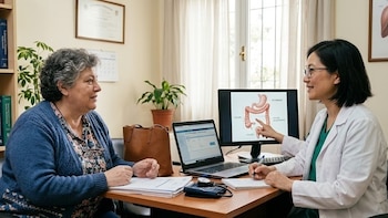 Una doctora con bata blanca señala un diagrama del sistema digestivo en un monitor a una paciente sentada frente a una mesa en una oficina