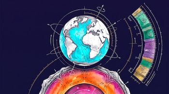 Gráfico con la Tierra y flechas oceánicas, una sección transversal del manto terrestre en colores y un diagrama vertical con fósiles