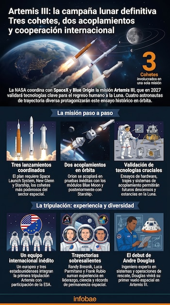 Infografía de la misión Artemis III. Muestra tres cohetes lanzándose desde la Tierra, la Luna, acoplamientos en órbita y los cuatro astronautas de la tripulación.