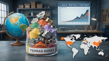 Un globo, un frasco de vidrio con minerales y polvos de tierras raras, y un mapa mundial con regiones destacadas, con un gráfico de fondo.