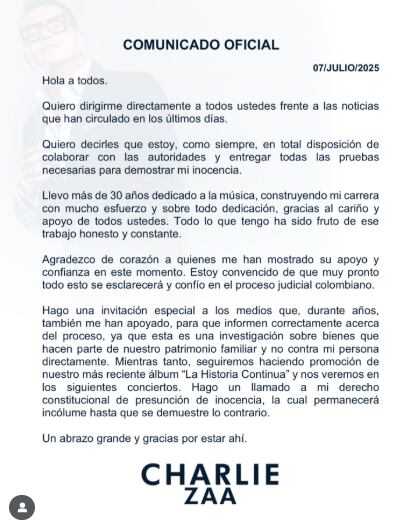 El artista envió un mensaje dirigido a la opinión pública - crédito Charlie Zaa / Instagram