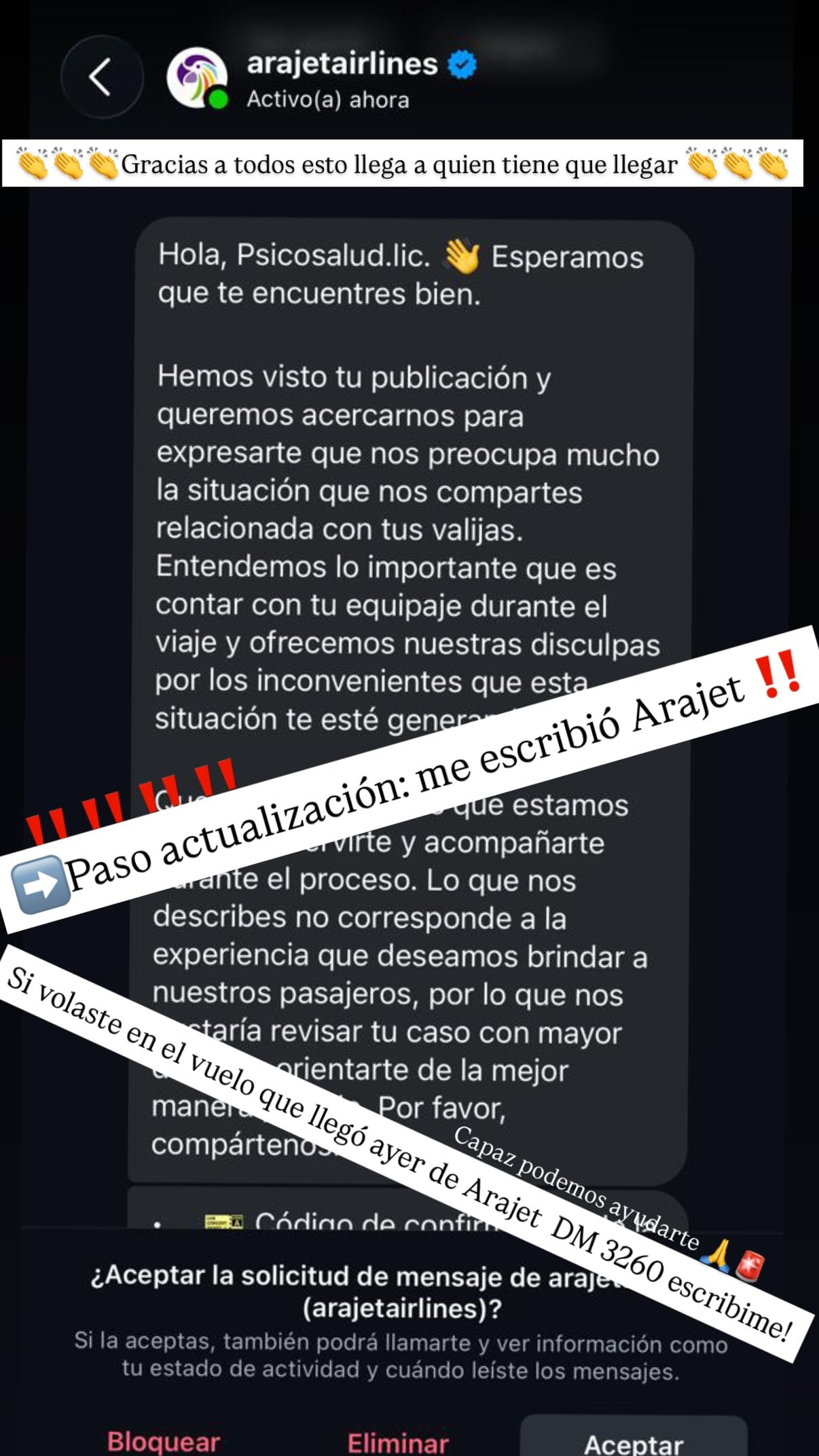 Desde Arajet se comunicaron con Lara vía Instagram y tomaron su reclamo.