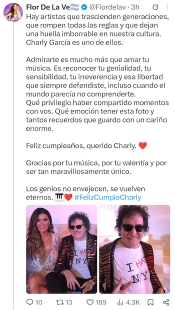 De la V publicó dos imágenes de un encuentro que compartió con Charly