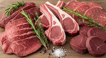 Múltiples cortes de carne roja magra como filetes de res y chuletas de cordero, con romero, tomillo, sal y pimienta sobre una superficie de madera.