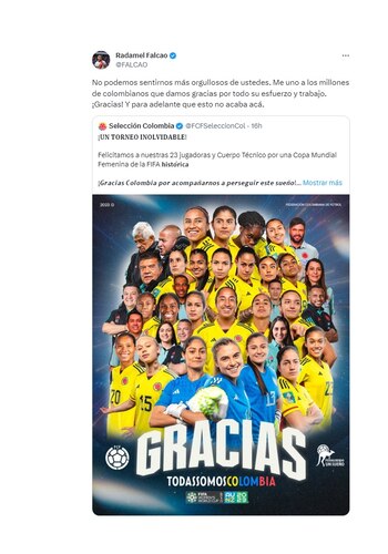 Trino del 'Tigre' Falcao con el que felicitó a las jugadoras de la Selección Colombia Femenina y su magnifica presentación mundialista en Oceanía. (Captura de Pantalla)