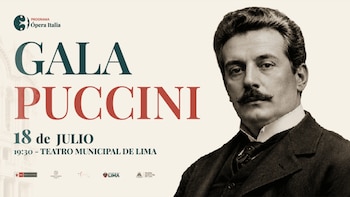 Retrato en sepia de Giacomo Puccini, cartel con "Gala Puccini", fecha, hora, lugar y logos de Programa Ópera Italia y Teatro Municipal de Lima