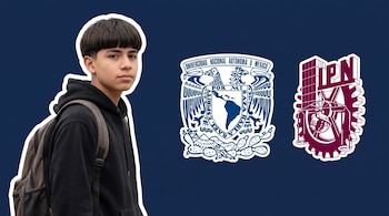 Adolescente mexicano de 15 años con sudadera negra y mochila, corte de cabello tipo tazón, sobre fondo azul oscuro con el escudo de la UNAM y el escudo del IPN.