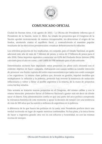 Oficina del Presidente Comunicado
