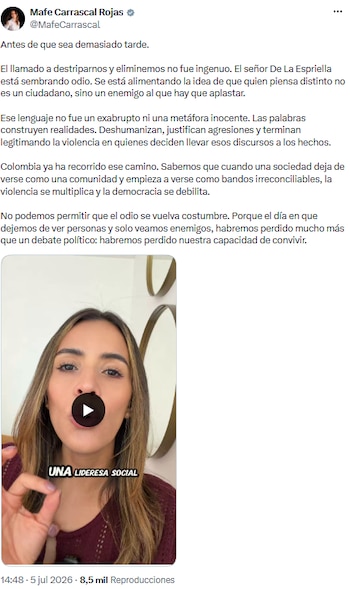 Mafe Carrascal denunció ataque contra lideresa social en Nariño y advirtió sobre la estigmatización política - crédito @MafeCarrascal/X