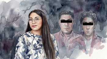 Pintura en acuarela de una mujer con gafas en primer plano, sonriendo. Detrás, dos hombres semitransparentes. Cadenas rotas y una llave flotan al fondo.