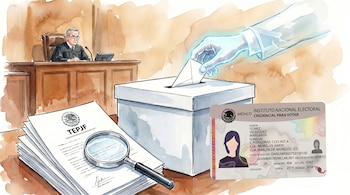 Ilustración acuarela de un juez, papeles con el logo del TEPJF, una lupa, una mano metiendo un voto en una urna y una credencial del INE.