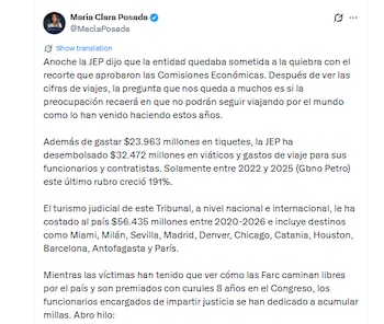 La congresista del Centro Democrático afirmó que funcionarios del tribunal realizaron decenas de desplazamientos al exterior - crédito @MaclaPosada/X