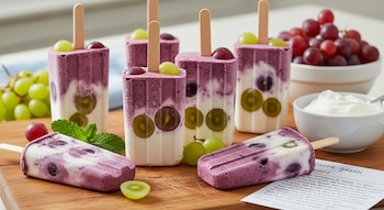 Seis paletas de uva y yogur griego sobre una tabla de madera, con uvas y menta fresca. Al fondo, un cuenco de uvas rojas y otro de yogur blanco.