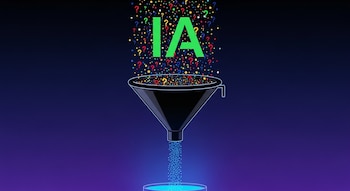 Ilustración de un embudo negro sobre fondo degradado azul y violeta. Puntos multicolores con interrogantes entran al embudo; puntos azules salen a un recipiente con "IA" verde neón.