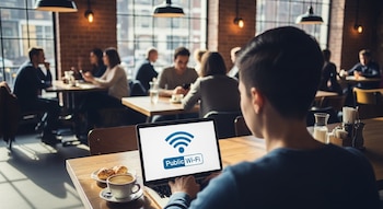 Una persona de espaldas usa su laptop, mostrando el logo "Public Wi-Fi". Está en una mesa de madera con café y pasteles, en un restaurante con más gente.