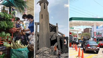Foto de escombros del ataque de Hamas en Israel y foto de alimentos y verduras en mercado de Lima, y gasolinera con autos