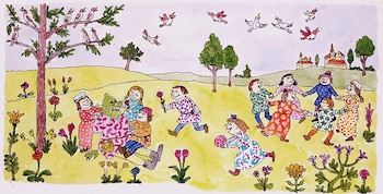 Ilustración colorida de un ogro verde con niños en un campo florido; pájaros vuelan y se posan en árboles, con casas y una iglesia en el horizonte