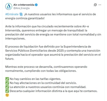 Air-e Intervenida informó que el servicio de energía continúa garantizado - crédito Aire Energia