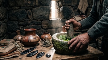 Unas manos presionan un mazo de piedra en un mortero con hojas verdes, junto a vasijas decoradas y hojas de obsidiana sobre una mesa.