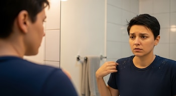 Una persona de pelo corto se mira al espejo. Escamas blancas de caspa están sobre los hombros de su camiseta azul oscuro. Se ven azulejos blancos en la pared.