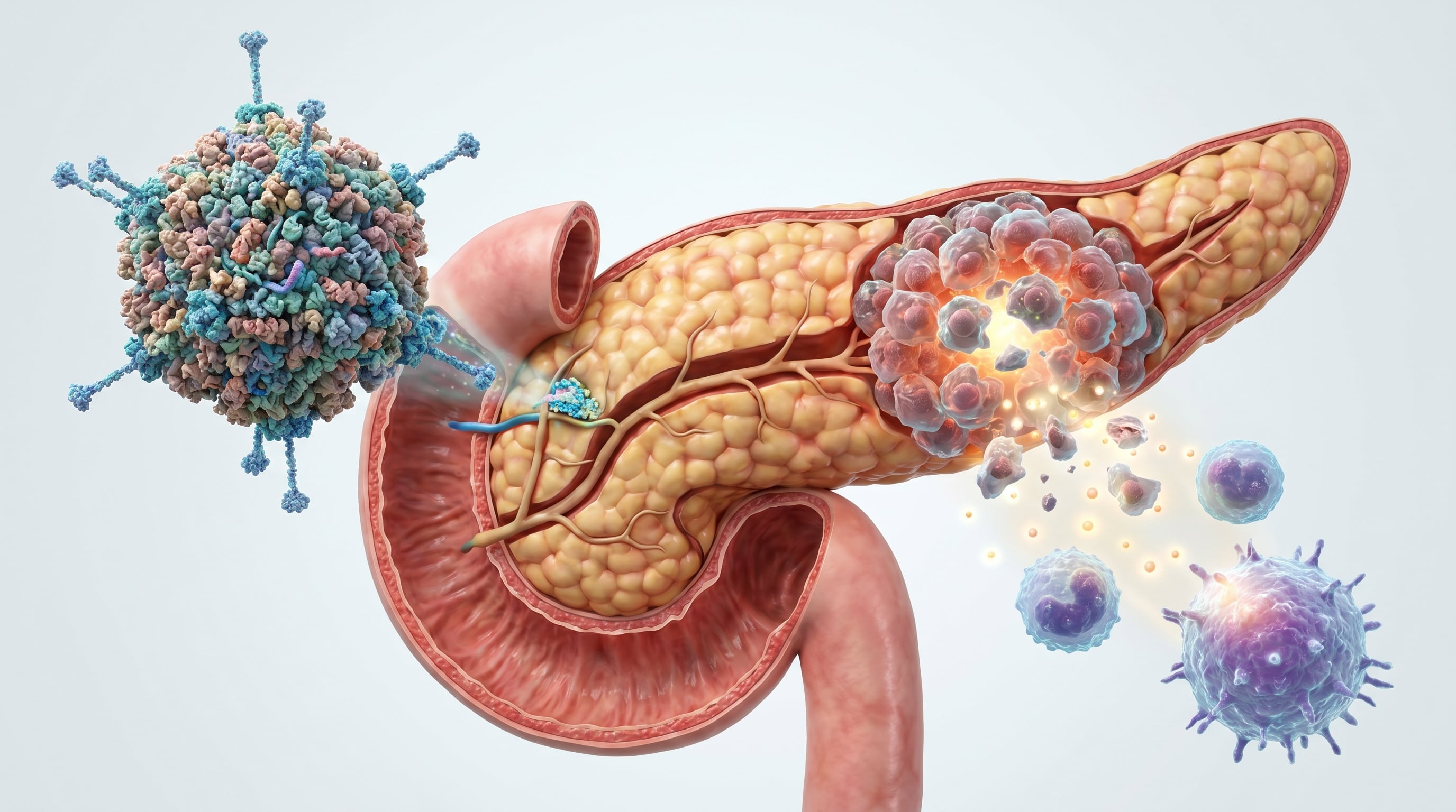 Un adenovirus modificado ingresa selectivamente en un tumor pancreático, causando la fragmentación de células cancerosas y liberando señales inmunológicas para atraer células del sistema inmune. (Imagen Ilustrativa Infobae)