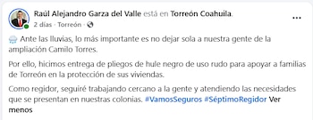 Captura de pantalla de una publicación en redes sociales con un texto firmado por Raúl Alejandro Garza del Valle sobre apoyos por lluvias