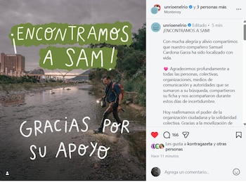 Captura de pantalla de una publicación digital con la fotografía de un hombre caminando junto a un río y un mensaje sobre su localización