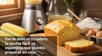 Un pan de elote entero y una rebanada sobre una tabla de madera, con mazorcas de elote, una licuadora, tazón de harina, huevos y un tazón con líquido.