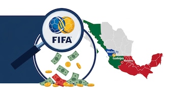 Uma lupa com a imagem da FIFA amplia uma parte do mapa do México, com as cidades do México, Guadalajara e Monterrey destacadas e notas e moedas caídas.