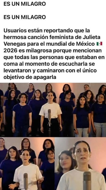 Captura de pantalla de un meme en español que dice 'ES UN MILAGRO' burlándose de la canción de Julieta Venegas, con una foto de ella cantando en un coro