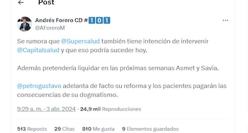 Andrés Forero dice que hay rumores de una intervención a Capital Salud - crédito @AForeroM