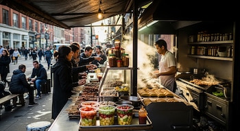 Un vendedor cocina en un puesto de comida callejera con brochetas y recipientes de frutas. Clientes ordenan mientras gente transita por la calle.