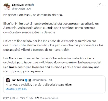 El presidente de la República sostuvo que la misión del líder fascista era destruir el sindicalismo alemán y los partidos obreros y socialistas, a los que asesinó y llevó a campos de concentración
- crédito @petrogustavo/X