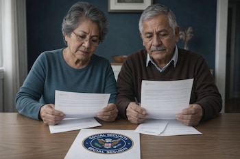 Dos ancianos de fenotipo mexicano sentados en una mesa, revisando documentos. Un documento en primer plano tiene el logo de Social Security.