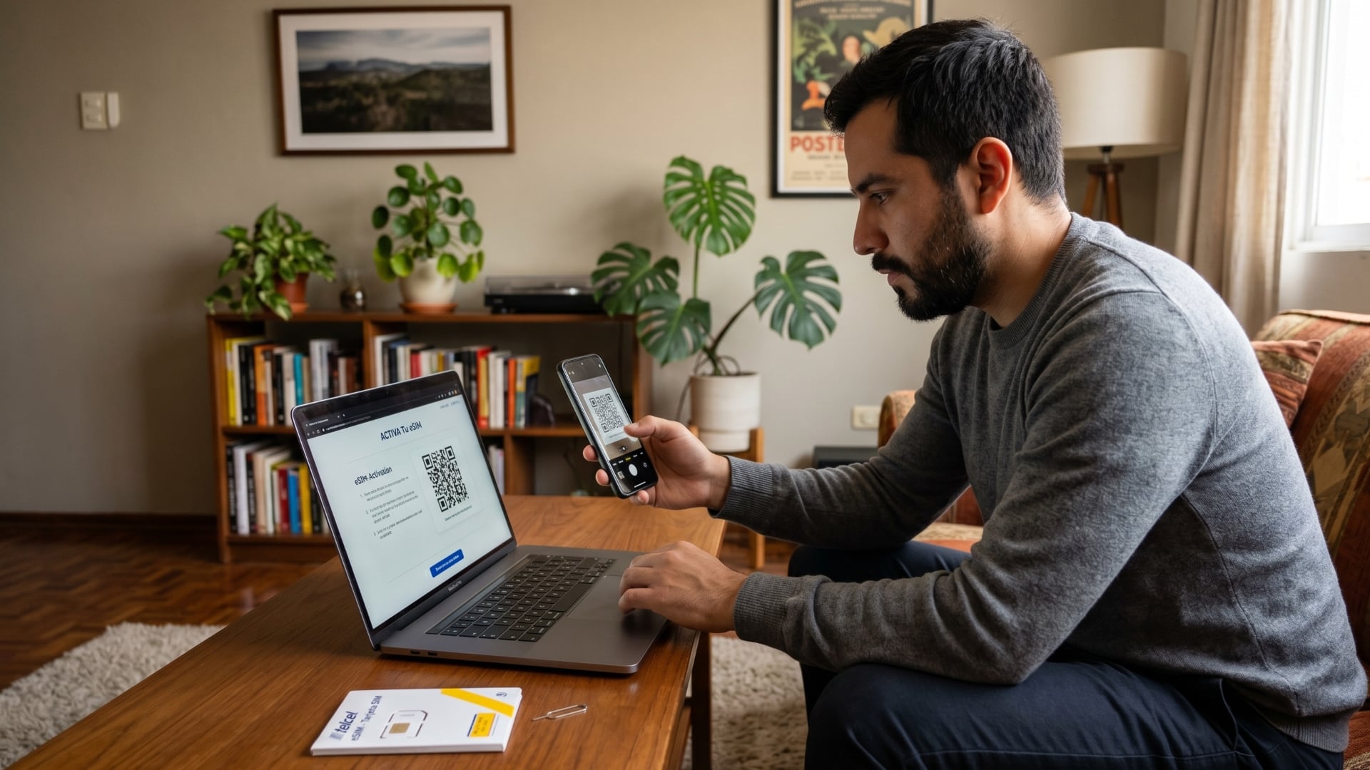Un hombre enfocado activa su tarjeta eSIM escaneando un código QR desde su laptop con su teléfono móvil en un entorno doméstico. (Imagen ilustrativa IA Infobae)