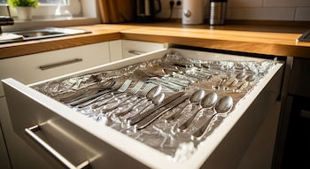 Cajón de cocina blanco y abierto mostrando cubiertos de acero inoxidable cuidadosamente dispuestos sobre un forro de papel de aluminio arrugado, con luz natural.