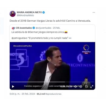 Vargas Lleras en 2018 alertó sobre el peligro de elegir un camino similar al de Venezuela con la llegada de Petro al poder - crédito @MAndreaNieto/X
