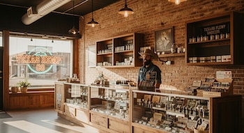 Interior de una tienda de cáñamo con paredes de ladrillo, mostrador de madera y vitrinas con productos. Un hombre con sombrero de vaquero y barba sonríe detrás del mostrador. Un letrero de neón 'TEXAS HEMP CO' es visible en la ventana.