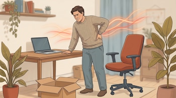 Ilustración de un hombre con expresión de dolor y una mano en la espalda baja, de donde emanan líneas rojas. Hay un escritorio con laptop, silla de oficina y caja.