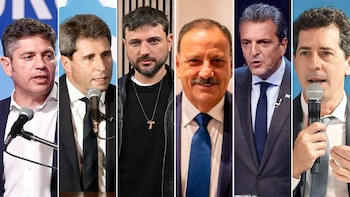 Collage de seis retratos de hombres. De izquierda a derecha: Axel Kicillof, Sergio Uñac, Juan Grabois, Ricardo Quintela, Sergio Massa y Wado de Pedro