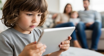 Primer plano de un niño de cabello castaño rizado, con camiseta gris, sosteniendo una tablet plateada. Al fondo, dos adultos borrosos están sentados en un sofá.
