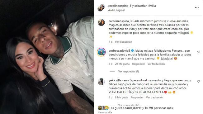 Publicación de Sebastián Villa y su pareja confirmando que será papá - crédito sebastian14villa/Instagram