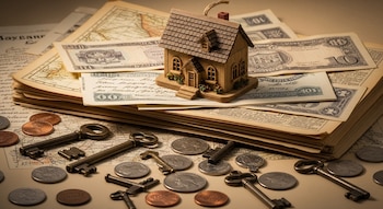 Una casa en miniatura de madera está sobre una pila de documentos y billetes, rodeada por llaves antiguas y monedas de diferentes valores.