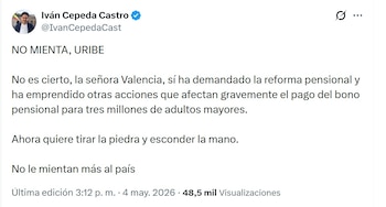 Iván Cepeda acusó al expresidente Álvaro Uribe de entregar información falsa sobre el trámite legislativo de la reforma pensional - crédito @IvanCepedaCast/X