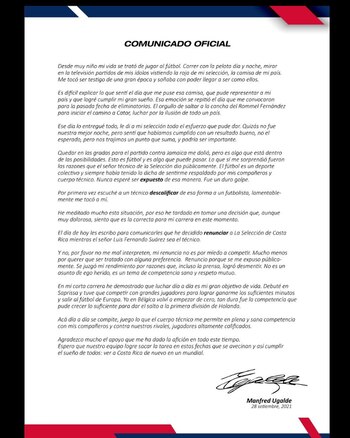Comunicado de Manfred Ugalde anunciando